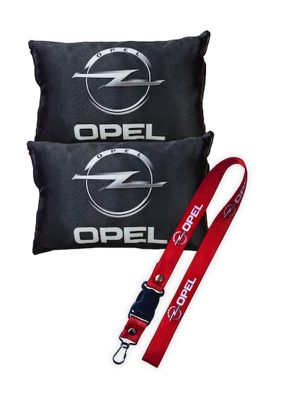 Opel Logolu Dijital Baskılı Siyah Araç Boyun Yastığı & Kırmızı Oto Ayna Askısı 2 Li Set Siyah Kırmızı