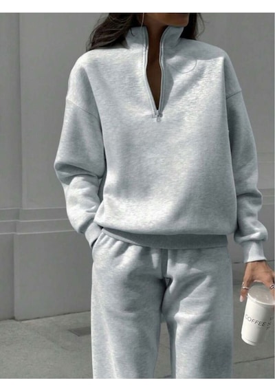 Basic Düz Fermuarlı Eşofman Takımı Sweatshirt Jogger - Gri Oversize Şardonlu Dik Yaka Gri