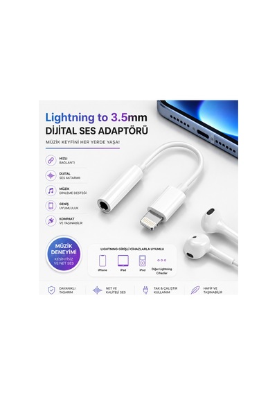 Lightning To 3.5mm Kulaklık Adaptörü Dijital Ses Dönüştürücü Aux Çevirici Müzik Destekli Beyaz