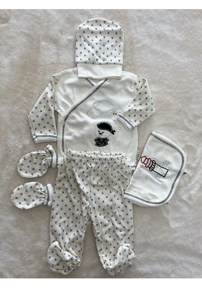 Özlem Bebe Desenli 5li Zıbın Set Lacivert