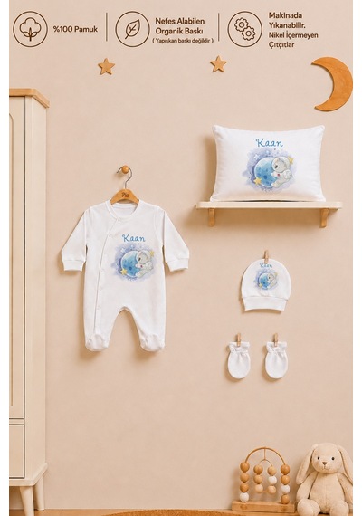 Pia Baby İsme Özel Erkek Bebek Tulum Seti %100 Pamuk Organik Baskılı Yastık Kılıfı Ve Battaniyeli Tulum 2093tybyx Ekru