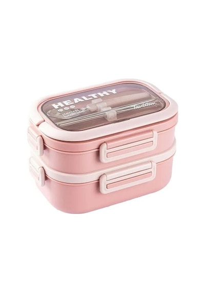Tantitoni Pembe Paslanmaz Çelik 2 Katlı Chopstıck Ve Kaşıklı Yemek Taşıma Kabı 1.65l