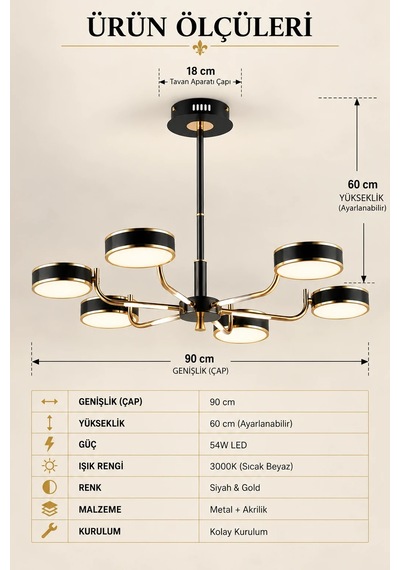 Modern Premium Led 6'lı Siyah Gold Sarkıt Avize Salon Oturma Odası Mutfak Yatak Odası Avizesi 54w
