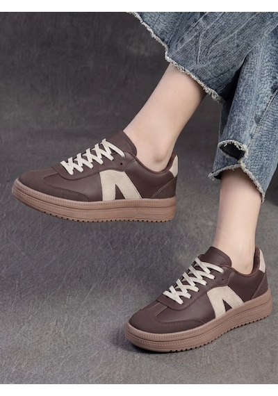 Kadın Sneaker Yüksek Taban Ortopedik Bağcıklı Spor Ayakkabı Retro Kahve-011 Beyaz