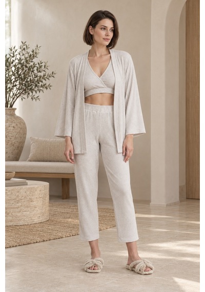 Loule Kadın Bej Melanj Kimonolu Penye Pijama Takımı Braletli 3 Parça Loule Kadın Bej Melanj Kimonolu Penye Pijama Takımı Braletli 3 Parça