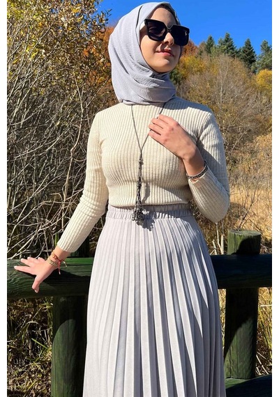 Rabia Şamlı Minel Gri Plise Etek Normal