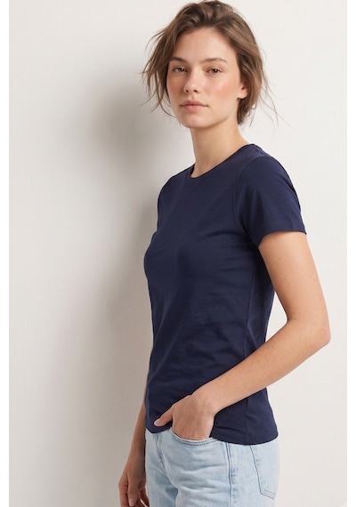 Elemge %95pamuk %5likra Vücuda Oturan Magic Fit Lacivert Kadın Stretch T-shirt Compact Penye Kısa Kol Esnek Basic Tişört Elastan