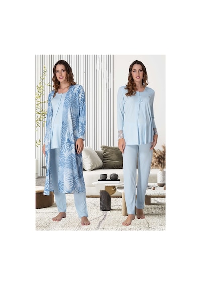 Effortt Dvina Lohusa Hamile Desenli Sabahlıklı Uzun Kollu Pijama Takımı - Mavi Mavi