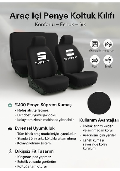 Estetik Detaylarla Hazirlanan Seat Leon İle Uyumlu Oto Koltuk Kilifi İle Farkinizi Gosterin Siyah