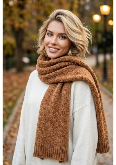 Tezzgelsin Kadın Şönil Ve Sakallı İp Dokulu Yumuşak Örgü Kışlık Atkı Şal Camel