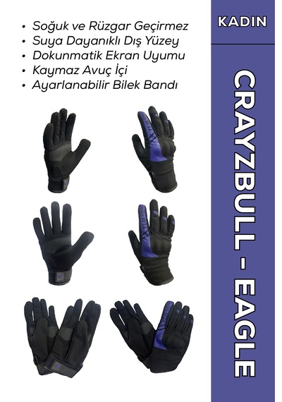 Crayzbull Eagle Mor Su Ve Rüzgar Geçirmez Kışlık Kadın Motosiklet Eldiveni + Buff li