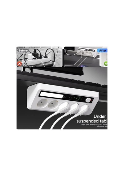 5 Li Akım Korumalı Priz 2500w 2 Usb + 2 Type-c Hızlı Şarj Led Gece Lambalı Dokunmatik Beyaz 0-2