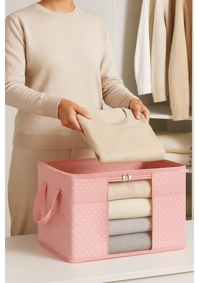 Serstil Pencereli Kazak & Kıyafet Hurcu 45x40x30 Cm - Pembe Benekli Pembe Puantiye