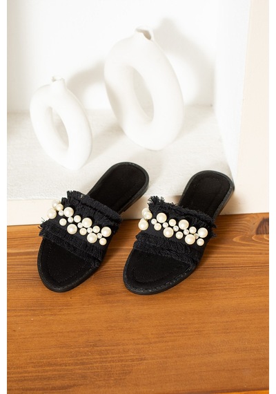 Dabab Shoes Mınoa Kadın İnci Detaylı Hasır Dokulu Düz Siyah Terlik