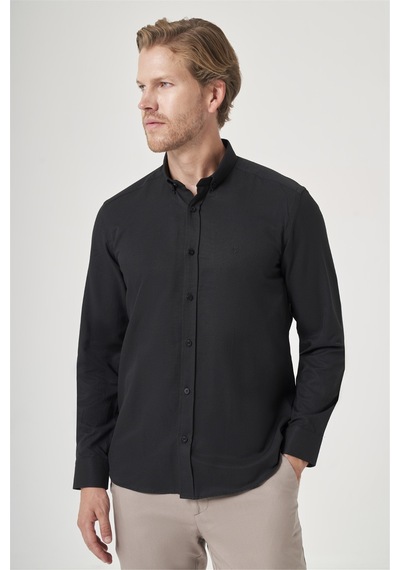 İmza Siyah Düğmeli Yaka Oxford Slim Fit Pamuklu Gömlek 1004265284