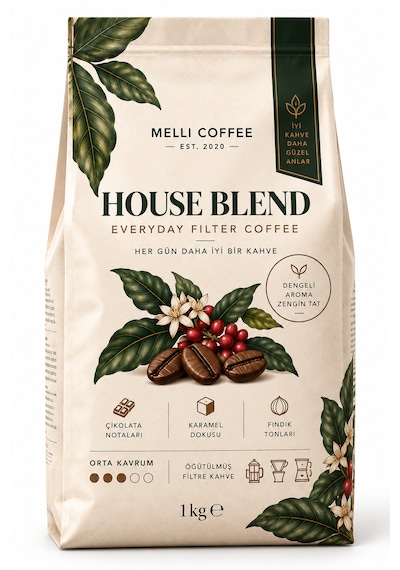 Melli Coffee House Blend Filtre Kahve 1 Kg Orta Kavrum Çikolata, Karamel & Fındık Tonları Öğütülmüş