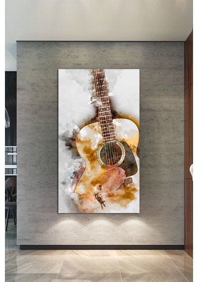 Gitar Suluboya Efekti Sanatasal Çizim Müzik Kanvas Tablo  140 x 70