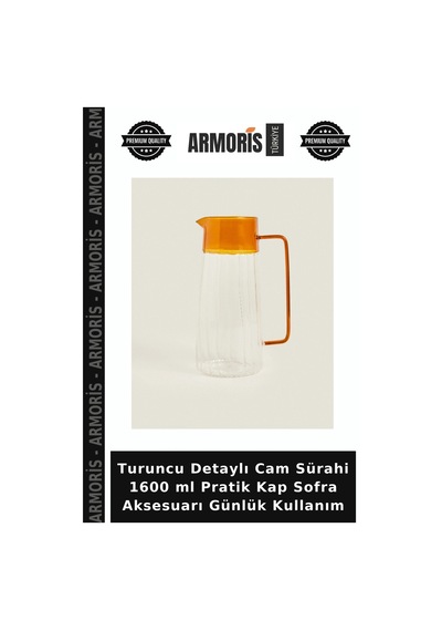 Turuncu Detaylı Cam Sürahi 1600 Ml Pratik Kap Sofra Aksesuarı Günlük Kullanım