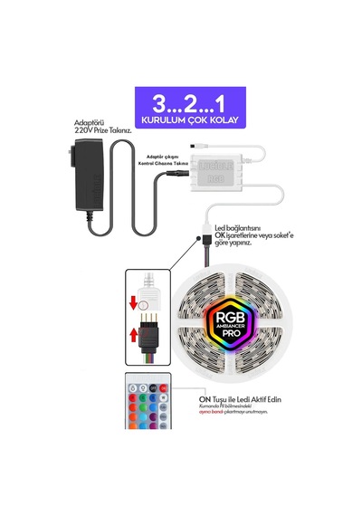 2 Mt Şerit Led Animasyonlu Tak Çalıştır Kumandalı Rgb Işık Duvar Aydınlatma Ambiyans Abajur