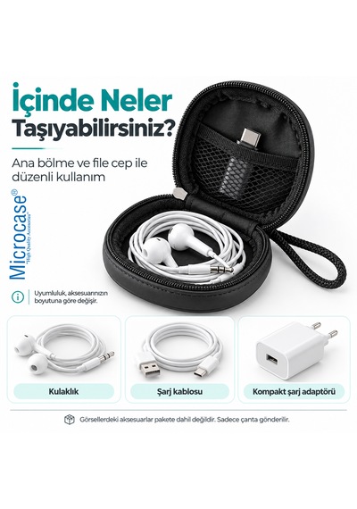 Microcase Mini Yuvarlak Çok Amaçlı Kulaklık Şarj Aleti Kablo Vb Aksesuar Saklama Çantası Al7001 Siyah