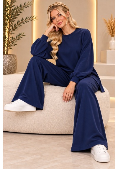 Bul-al Kadın Oversize Bisiklet Yaka Uzun Kollu Tunik Ve Cepli Olmayan Bol Paça Pantolon İkili Takım Lacivert Bul-al Kadın Oversize Bisiklet Yaka Uzun Kollu Tunik Ve Cepli Olmayan Bol Paça Pantolon İkili Takım Lacivert