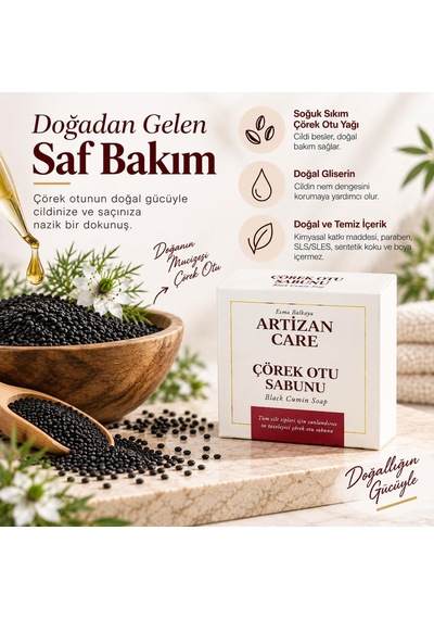 Artizan Care Çörek Otu Sabunu Doğal Katı Sabun - Kimyasal İçermez - Cilt Ve Saç Sağlığını Katkı Sağlar Diğer