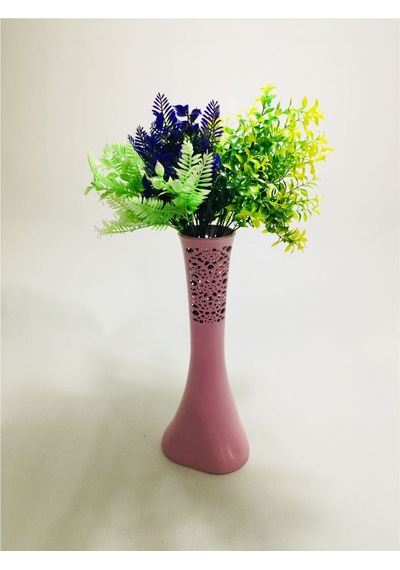 Uzun 40cm Pembe Desenli Mor Yeşil Tonları Yapay Çiçekli Vazo
