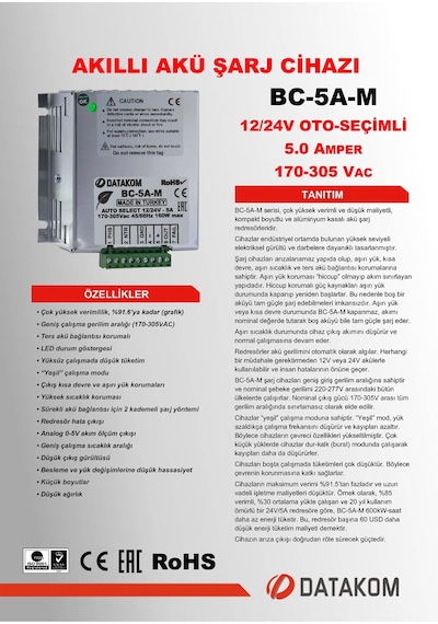 Datakom Bc-5A-M 12/24 Volt Oto Seçimli Akıllı Akü Şarj Redresörü