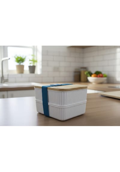2 Li Set Bambu Kapaklı Sızdırmaz Erzak Saklama Kabı 0,5+0,5 Lt Mutfak Organizeri Bakliyat Seti Mavi
