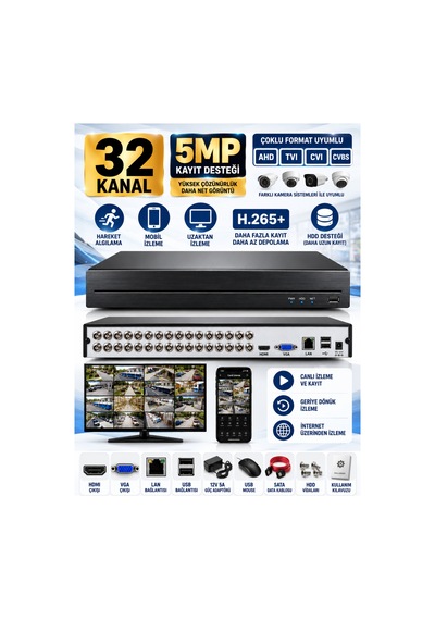 32 Kanal 5mp Dvr Güvenlik Kamera Kayıt Cihazı Ahd Tvı Cvı Cvbs Hdmı Vga Lan