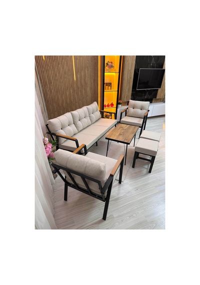 Houseart Balkon, Bahçe - Metal Kanepe Koltuk Takımı 3+1+1 + 2 Adet Puf + Sehpa Krem