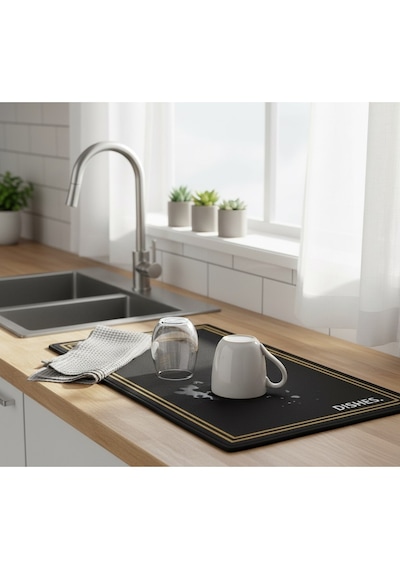 Premium Dekoratif Bulaşık Kurutma Matı 50x40 Cm Süper Emici, Kaydırmaz Kauçuk Tabanlı Ve Tezgah Koruyucu Altlık siyah