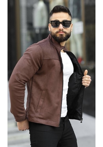 Premium Örme Triko Kol Dik Yaka Süet Ceket Kahve