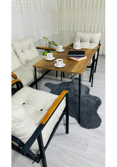 Madame Home Kadife Balkon, Bahçe,teras,cafe - Salon - Metal Kanepe Koltuk Takımı - 2+1+1 + Masa Krem