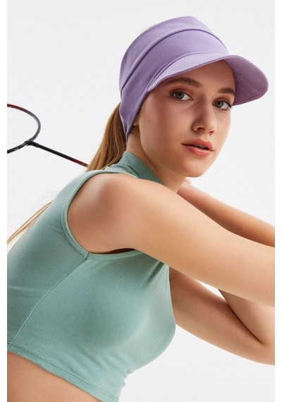 Butikgiz Kadın Uv Korumalı Katlanabilir Üstü Açık Yumuşak Siperli %100 Pamuklu Penye Tenis Vizör Şapka Lila