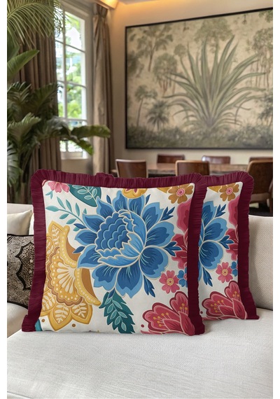 Çiçek Desenli Bohem Şık Saçaklı Yastık Kılıfı - Etnik Floral Modern Püsküllü Kırlent Kılıfı Siyah