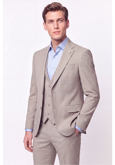 Efor Slim Fit Çift Yırtmaç %97 Yünlü Doku Desenli Esnek Bej Yelekli Takım Elbise Tk 927