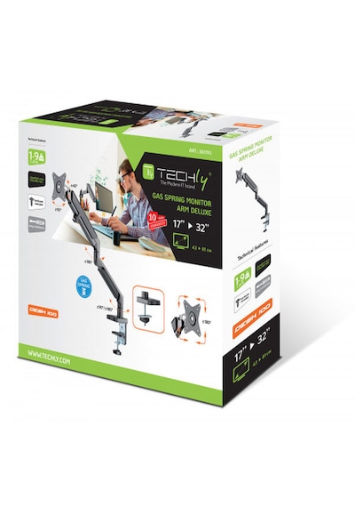 Techly 17-32 Inç Monitörler Için Gazlı Yaylı Tekli Monitör Kolu Masa Üstü