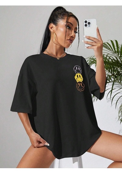 Emoji T-shirt - Siyah Baskılı Oversize Bisiklet Yaka Kısa Kol Siyah