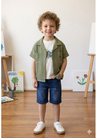 Süslü Kids Erkek Çocuk Muslin Kumaş Palmiye Detaylı Gömlek/tişört/kot Şortlu Takım Yeşil