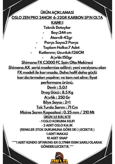 Oslo Zen Pro 244cm 6-32gr Shimano Fx C3000 Spin Olta Seti Standart