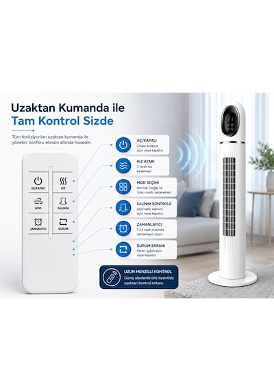 Kule Tipi Vantilatör 45 İnç, Uzaktan Kumandalı, 3 Hız Kademeli, 3 Modlu Normal/doğal/uyku , Salınımlı, Dokunmatik Kontrollü, 24 Saat Zamanlayıcılı, Beyaz