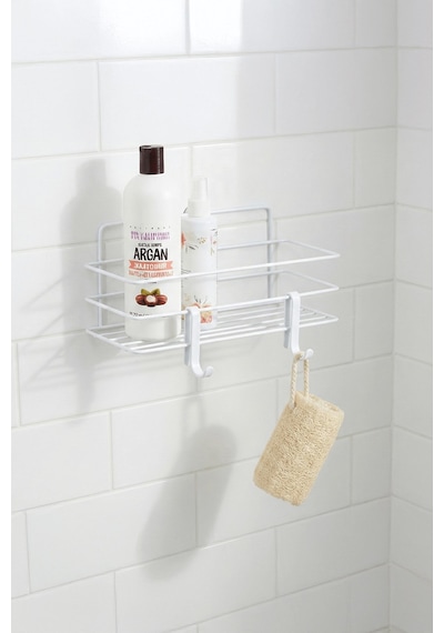 Sas Haus Tekli Beyaz Yapışkanlı Banyo Rafı + 2 Li Askı Kanca Seti Paslanmaz Metal Duş Şampuanlık Yapıştır/vidala Tş-01 Beyaz