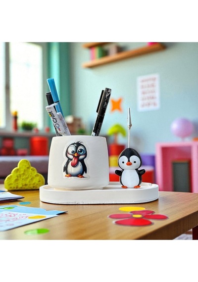 Dekoratif Sevimli Penguen Baskılı Kalemlik Ve Penguen Notluk Seti Renkli