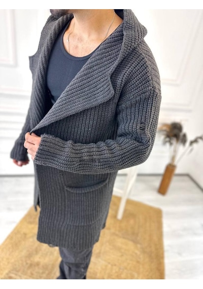 Elku Moda Hırka Kapüşonlu Cepli Naturel Pamuk Lazer Kesim Yırtık Detaylı Örgü Triko Uzun Panço Hırka Füme
