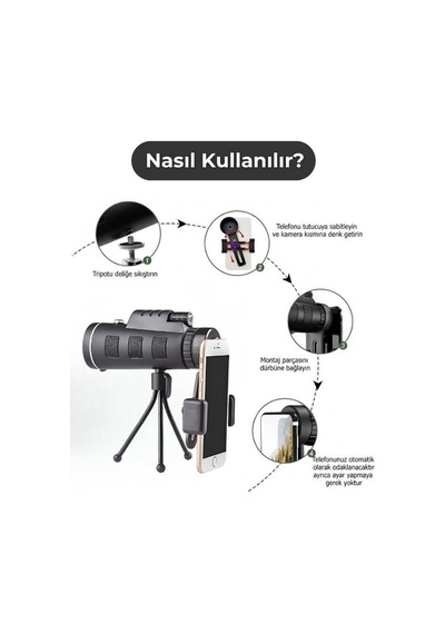 Temel Monoküler Teleskop, Telefon Tutuculu Tripodlu Su Geçirmez Tek Göz Dürbün