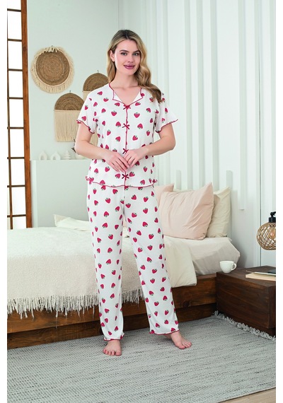 SUDE HOMEWEAR Kadın Örme Kumaş Strawberry Pattern Kısa Kol Pijama Takımı Beyaz
