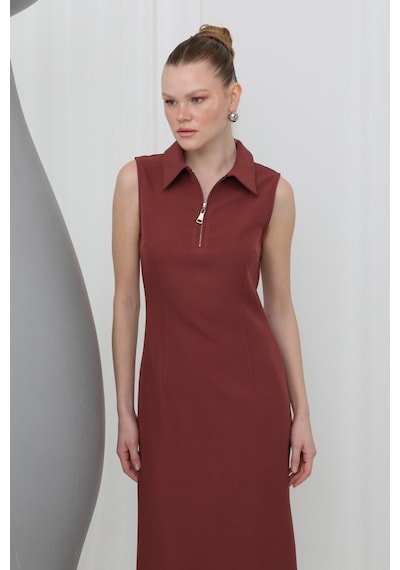 Soul 32149 Kadın Fermuar Detaylı Midi Elbise Burgundy
