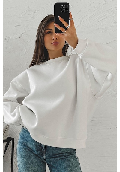 Madmext Madmext MG1559 Bisiklet Yaka Basic Kadın Sweatshirt - Ekru