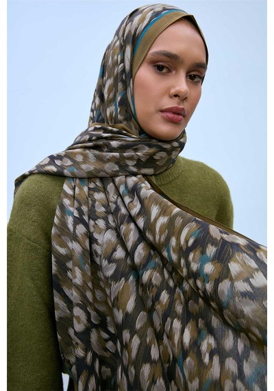 Silk Home Eco Viscose Şal Kına Yeşili Turkuaz Vizon Leopar Desenli Nefes Alan 90x200 Çok Renkli